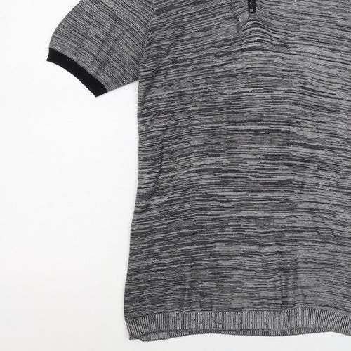 River Island Men’s Grey Striped Knit Zip Polo Shirt Size S