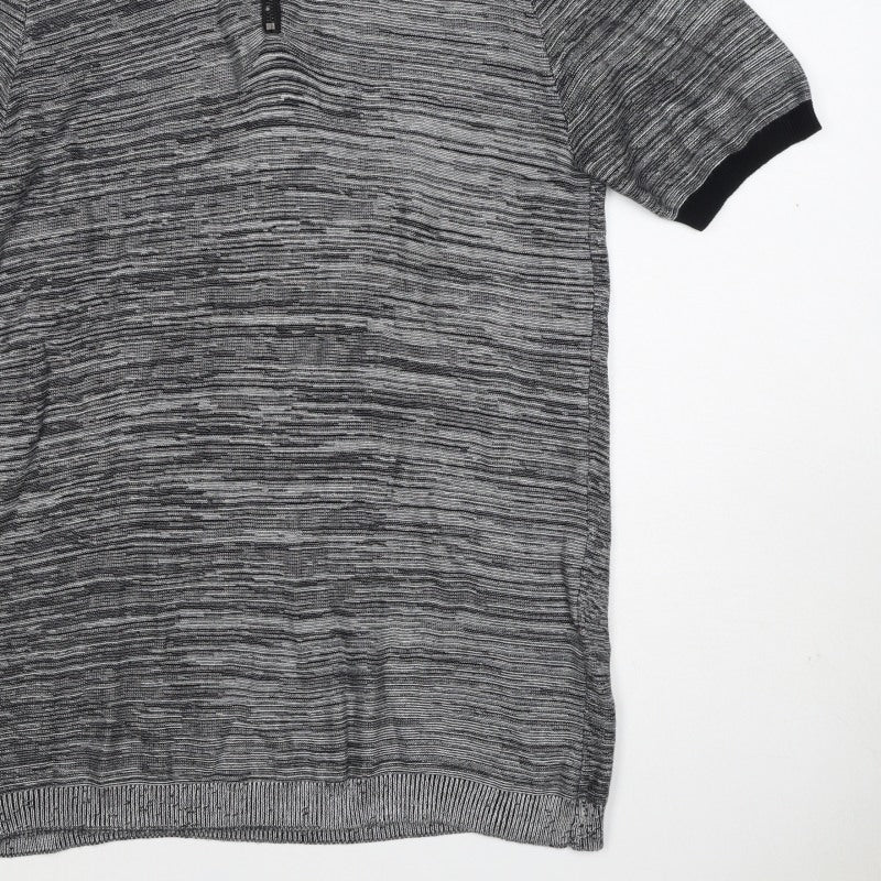 River Island Men’s Grey Striped Knit Zip Polo Shirt Size S