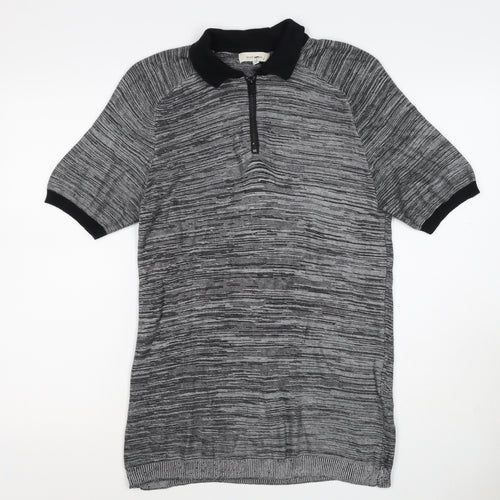 River Island Men’s Grey Striped Knit Zip Polo Shirt Size S