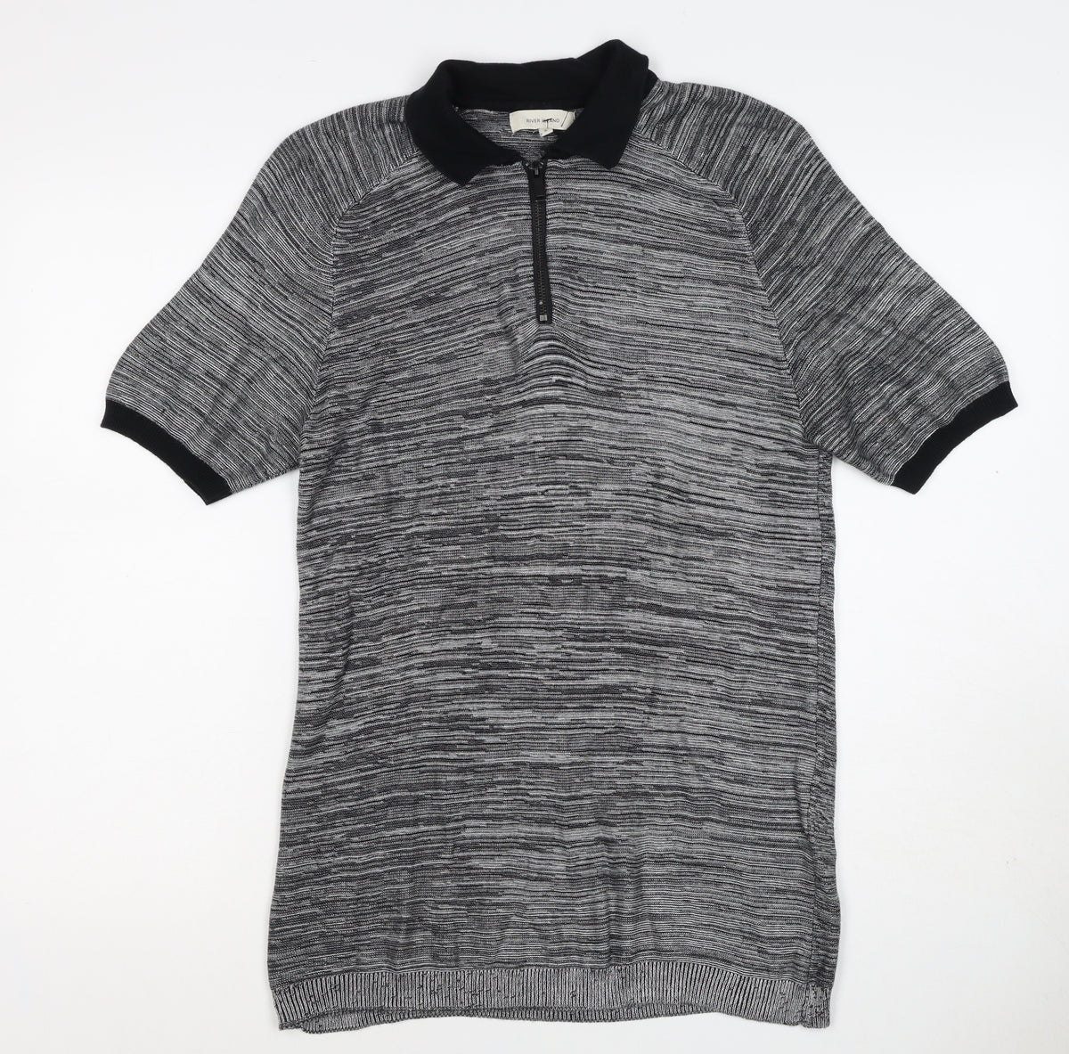 River Island Men’s Grey Striped Knit Zip Polo Shirt Size S