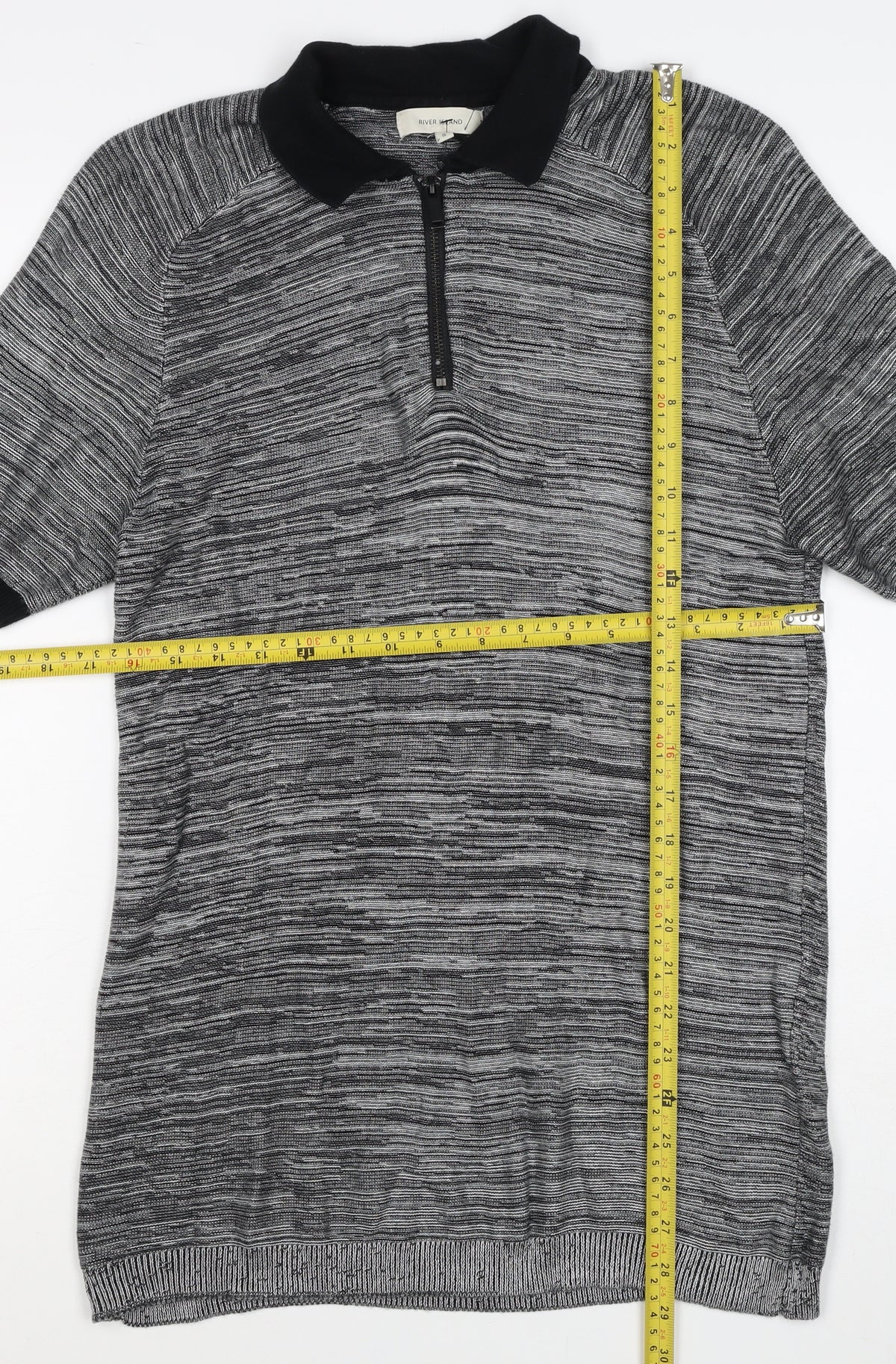 River Island Men’s Grey Striped Knit Zip Polo Shirt Size S