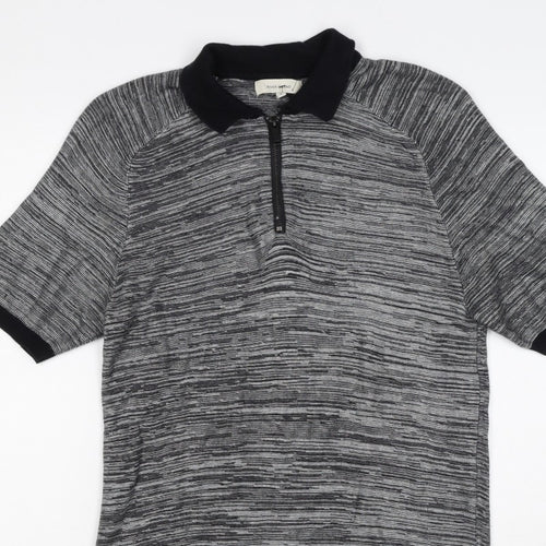 River Island Men’s Grey Striped Knit Zip Polo Shirt Size S
