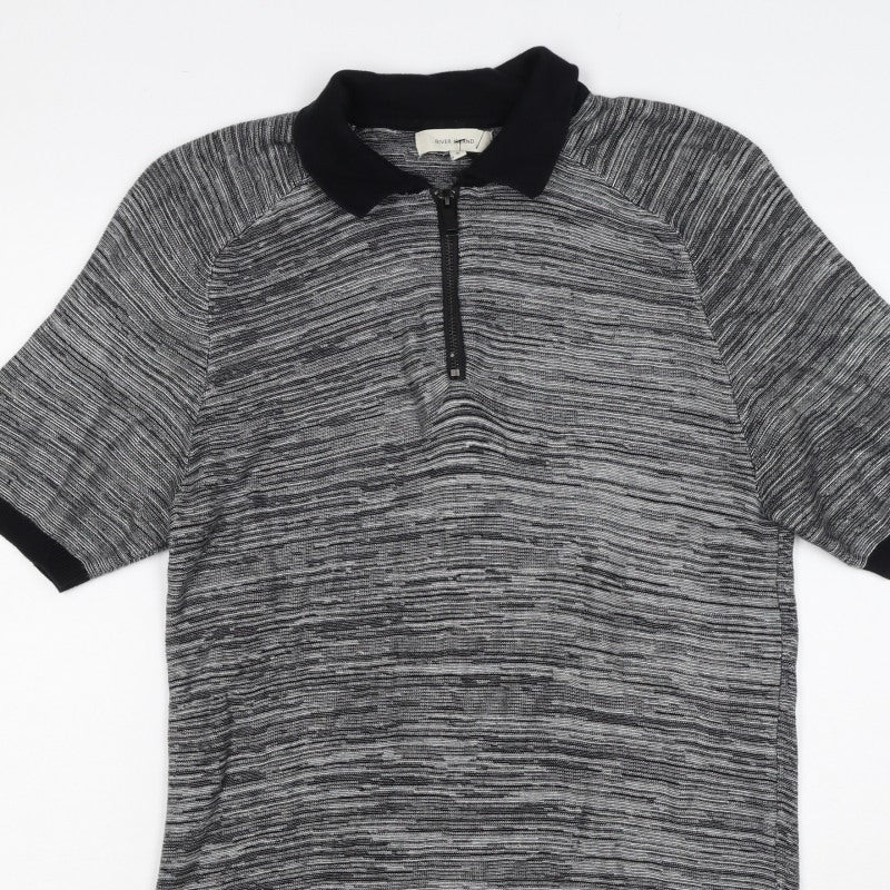 River Island Men’s Grey Striped Knit Zip Polo Shirt Size S