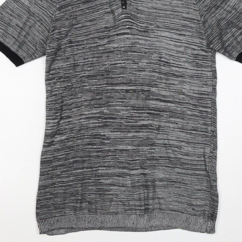 River Island Men’s Grey Striped Knit Zip Polo Shirt Size S