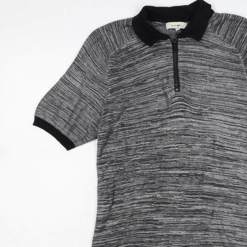 River Island Men’s Grey Striped Knit Zip Polo Shirt Size S