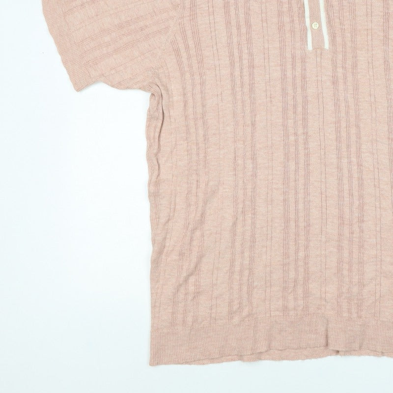 American Eagle Men's Pink 2XL Textured Striped Knit Polo Shirt