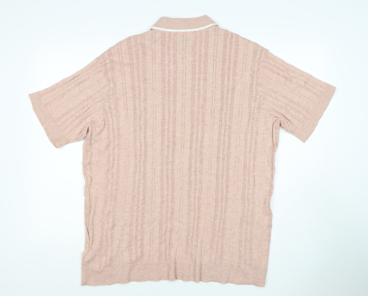 American Eagle Men's Pink 2XL Textured Striped Knit Polo Shirt