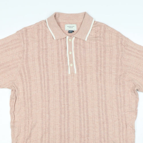 American Eagle Men's Pink 2XL Textured Striped Knit Polo Shirt