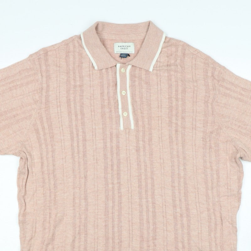 American Eagle Men's Pink 2XL Textured Striped Knit Polo Shirt