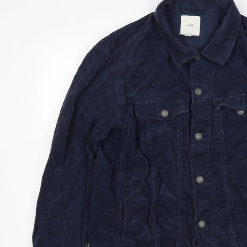 H&M Women’s Blue Corduroy Basic Jacket Size L Collared Button Casual