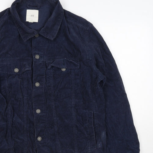 H&M Women’s Blue Corduroy Basic Jacket Size L Collared Button Casual
