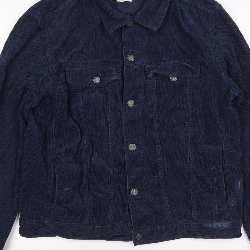 H&M Women’s Blue Corduroy Basic Jacket Size L Collared Button Casual