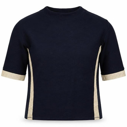 Betty Barclay Women Blue Gold Stripe Ribbed Jersey Top UK 10 3/4 Sleeve