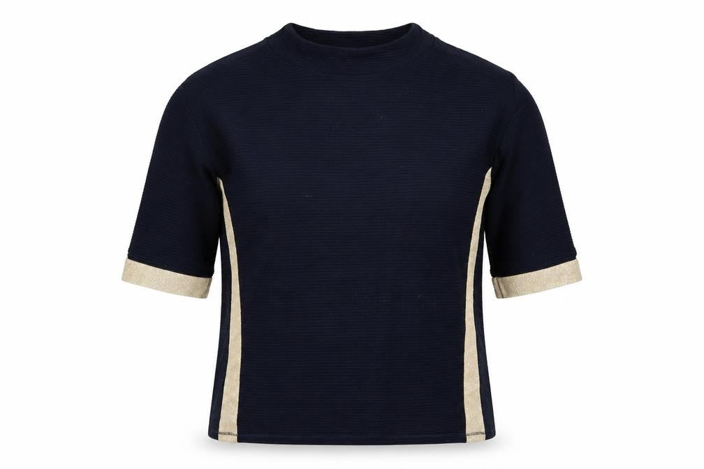 Betty Barclay Women Blue Gold Stripe Ribbed Jersey Top UK 10 3/4 Sleeve