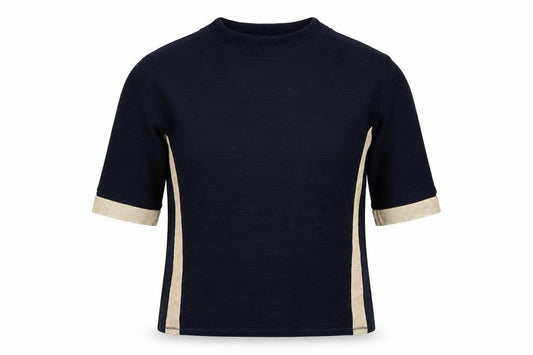 Betty Barclay Women Blue Gold Stripe Ribbed Jersey Top UK 10 3/4 Sleeve