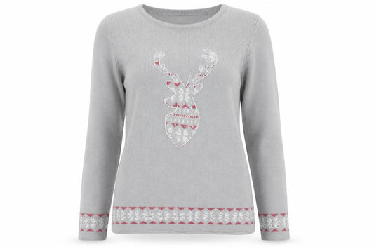 Isle Essentials Women Grey Size 10 Christmas Reindeer Fair Isle Jumper