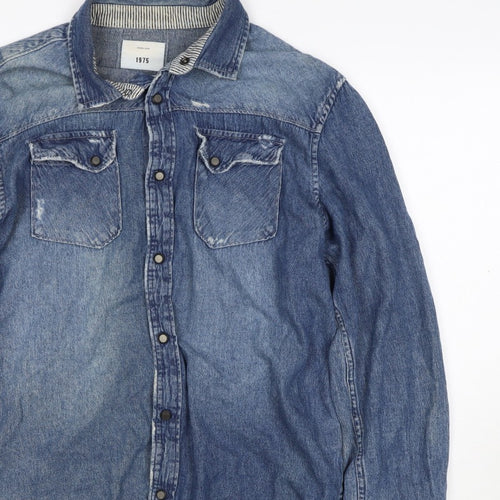 1975 Men’s Blue L Distressed Denim Western Snap Button-Up Shirt