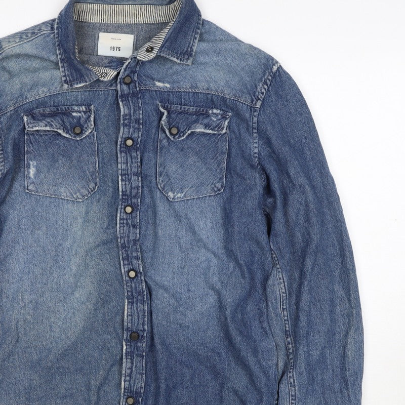 1975 Men’s Blue L Distressed Denim Western Snap Button-Up Shirt