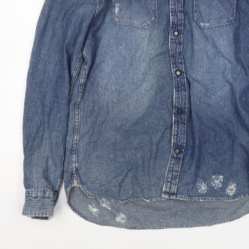 1975 Men’s Blue L Distressed Denim Western Snap Button-Up Shirt