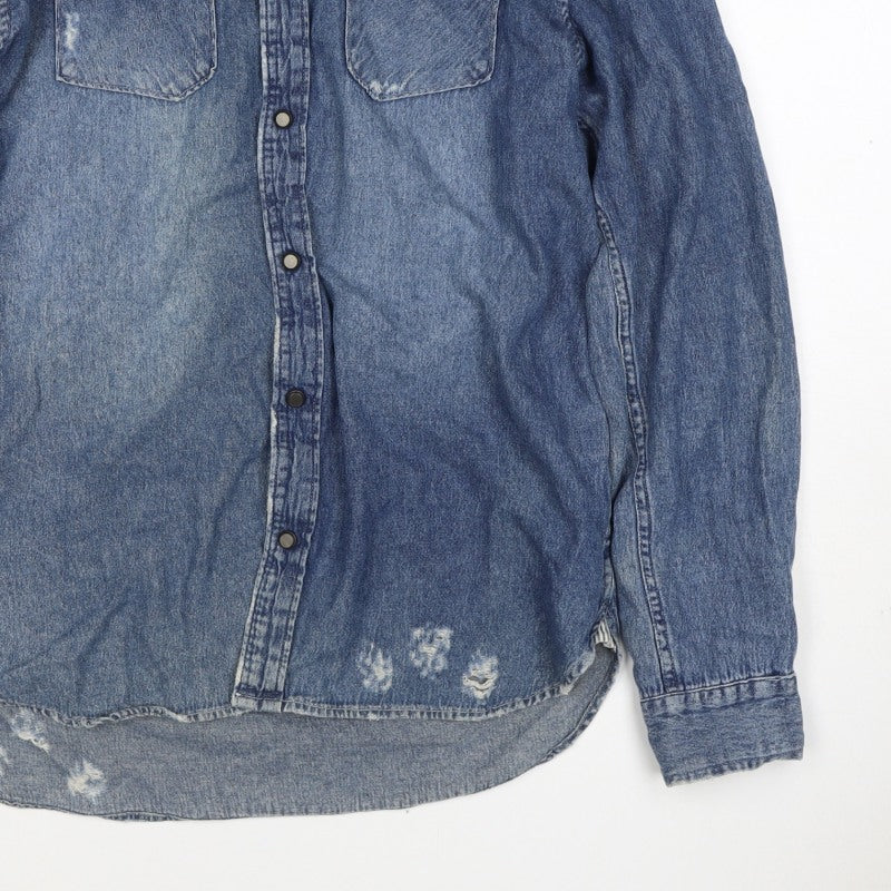 1975 Men’s Blue L Distressed Denim Western Snap Button-Up Shirt