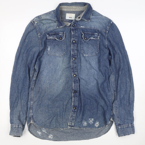 1975 Men’s Blue L Distressed Denim Western Snap Button-Up Shirt