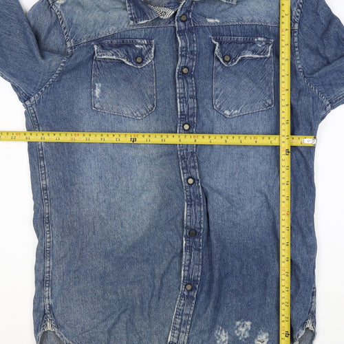 1975 Men’s Blue L Distressed Denim Western Snap Button-Up Shirt
