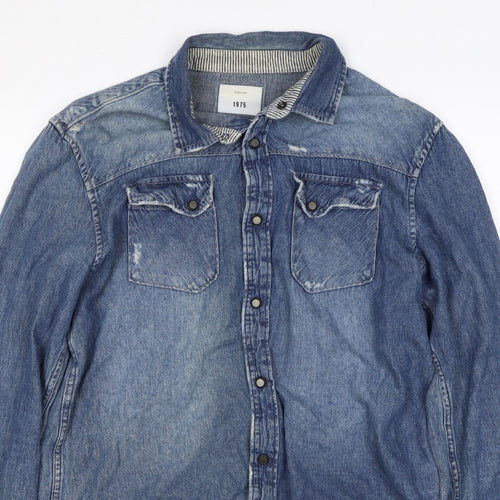 1975 Men’s Blue L Distressed Denim Western Snap Button-Up Shirt