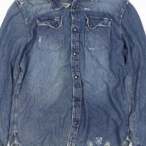 1975 Men’s Blue L Distressed Denim Western Snap Button-Up Shirt