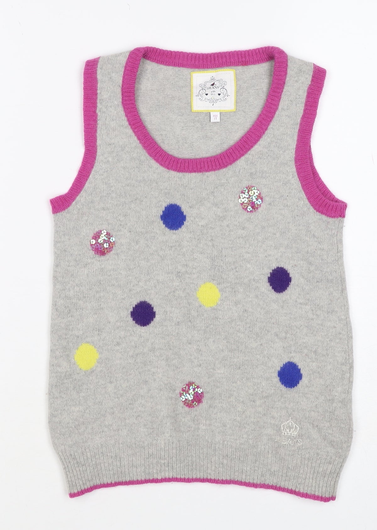 JJ Jeans Girls Grey Polka Dot Sequin Lambswool Angora Vest Age 11