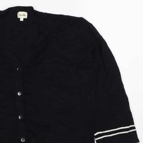 Viyella Women Black L V-Neck 3/4 Sleeve Striped Trim Cardigan