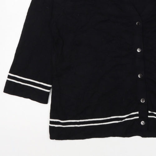Viyella Women Black L V-Neck 3/4 Sleeve Striped Trim Cardigan