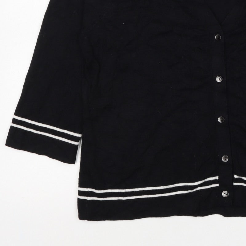 Viyella Women Black L V-Neck 3/4 Sleeve Striped Trim Cardigan