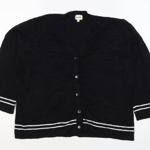 Viyella Women Black L V-Neck 3/4 Sleeve Striped Trim Cardigan