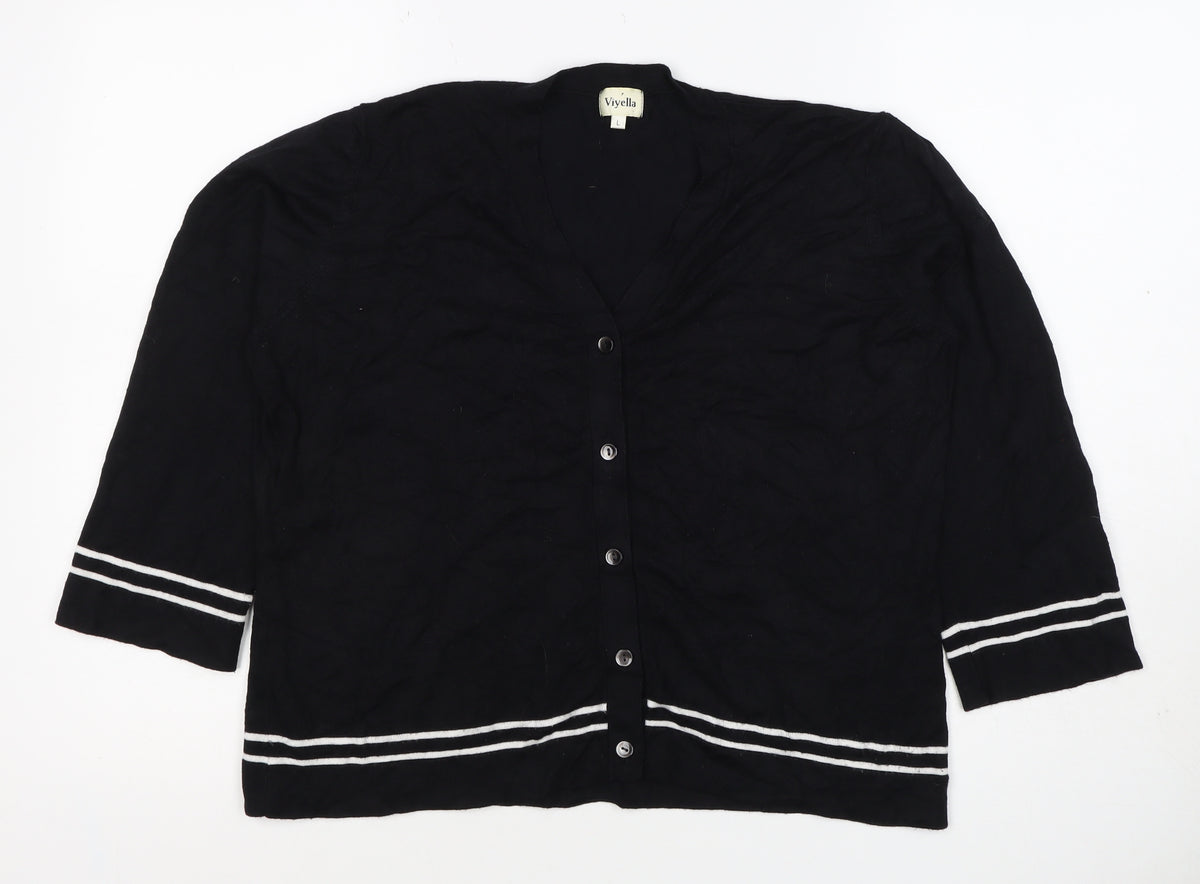Viyella Women Black L V-Neck 3/4 Sleeve Striped Trim Cardigan