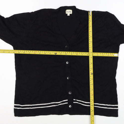 Viyella Women Black L V-Neck 3/4 Sleeve Striped Trim Cardigan