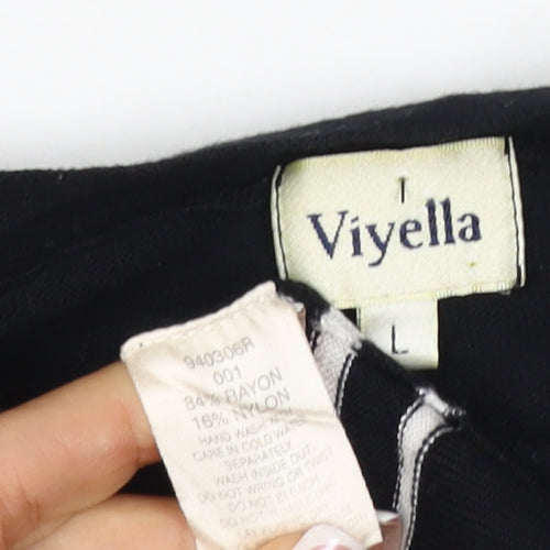 Viyella Women Black L V-Neck 3/4 Sleeve Striped Trim Cardigan