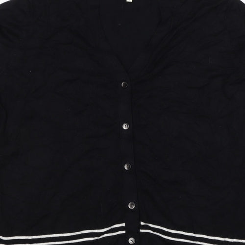 Viyella Women Black L V-Neck 3/4 Sleeve Striped Trim Cardigan