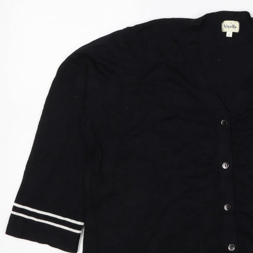 Viyella Women Black L V-Neck 3/4 Sleeve Striped Trim Cardigan