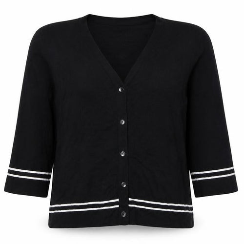 Viyella Women Black L V-Neck 3/4 Sleeve Striped Trim Cardigan