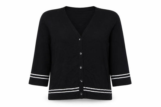 Viyella Women Black L V-Neck 3/4 Sleeve Striped Trim Cardigan