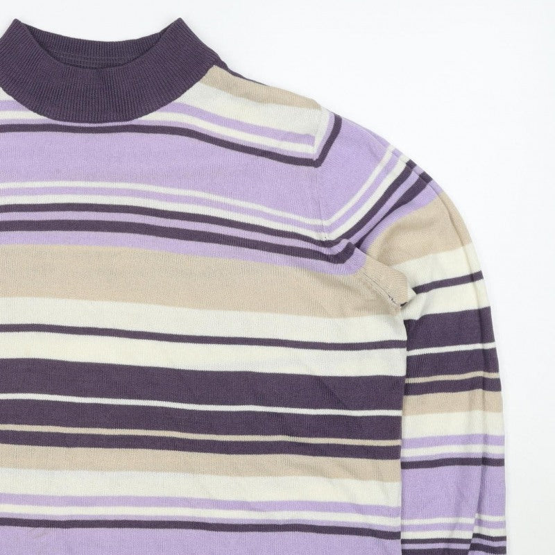 M&S Women Purple Striped Mock Neck Knit Pullover Jumper UK 14