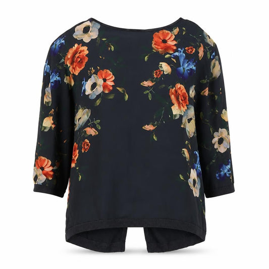 Oasis Women Black Size 8 Floral Back 3/4 Sleeve Knit Blouse