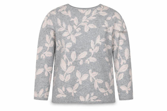 Bonmarché Women Grey Pink Floral Knit Jumper Size 16 Round Neck