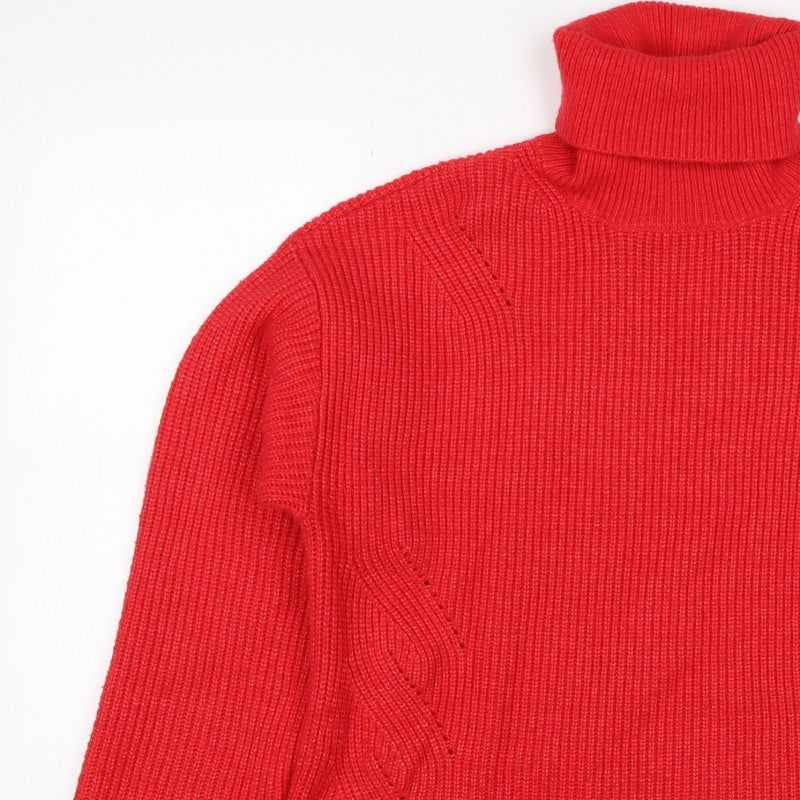 M&S Women Red Medium Roll Neck Cable Knit Pullover Jumper