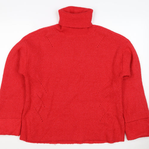 M&S Women Red Medium Roll Neck Cable Knit Pullover Jumper