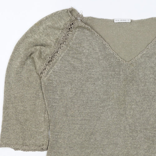 Planet Women Grey L V-Neck Open Knit 3/4 Sleeve Pullover Jumper