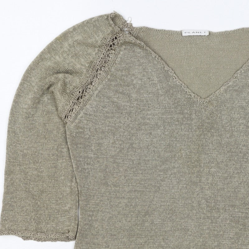 Planet Women Grey L V-Neck Open Knit 3/4 Sleeve Pullover Jumper