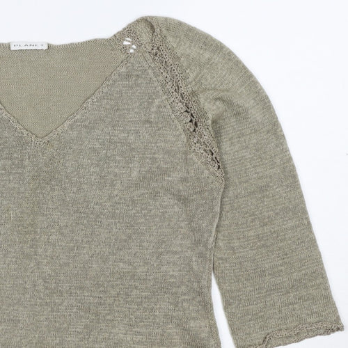 Planet Women Grey L V-Neck Open Knit 3/4 Sleeve Pullover Jumper