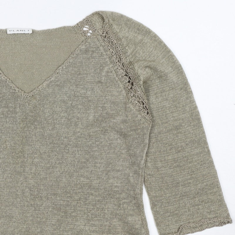 Planet Women Grey L V-Neck Open Knit 3/4 Sleeve Pullover Jumper