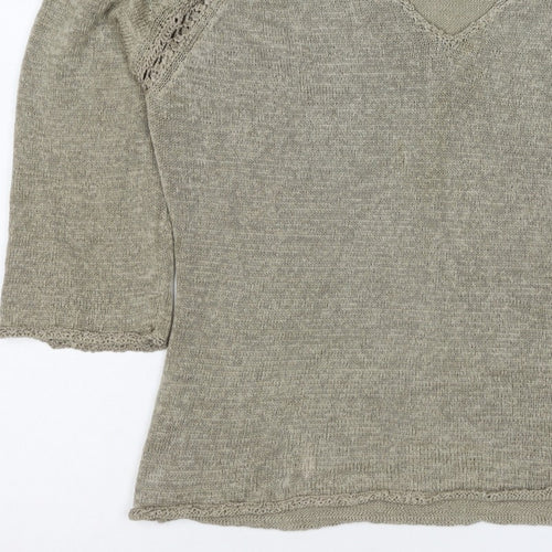 Planet Women Grey L V-Neck Open Knit 3/4 Sleeve Pullover Jumper